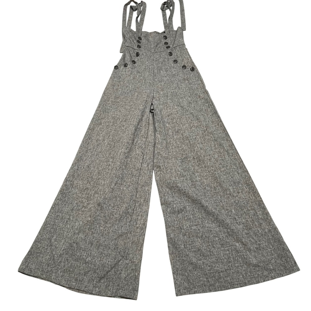 Womens Wide Leg Jumpsuit XS Gray Tie Strap Button Detail
